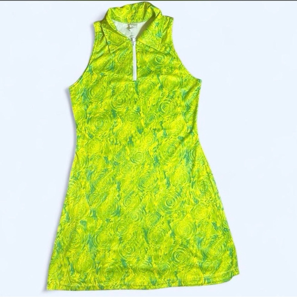 Vintage Sleeveless Zip-Front Golf Dress in Bright Lime Swirl